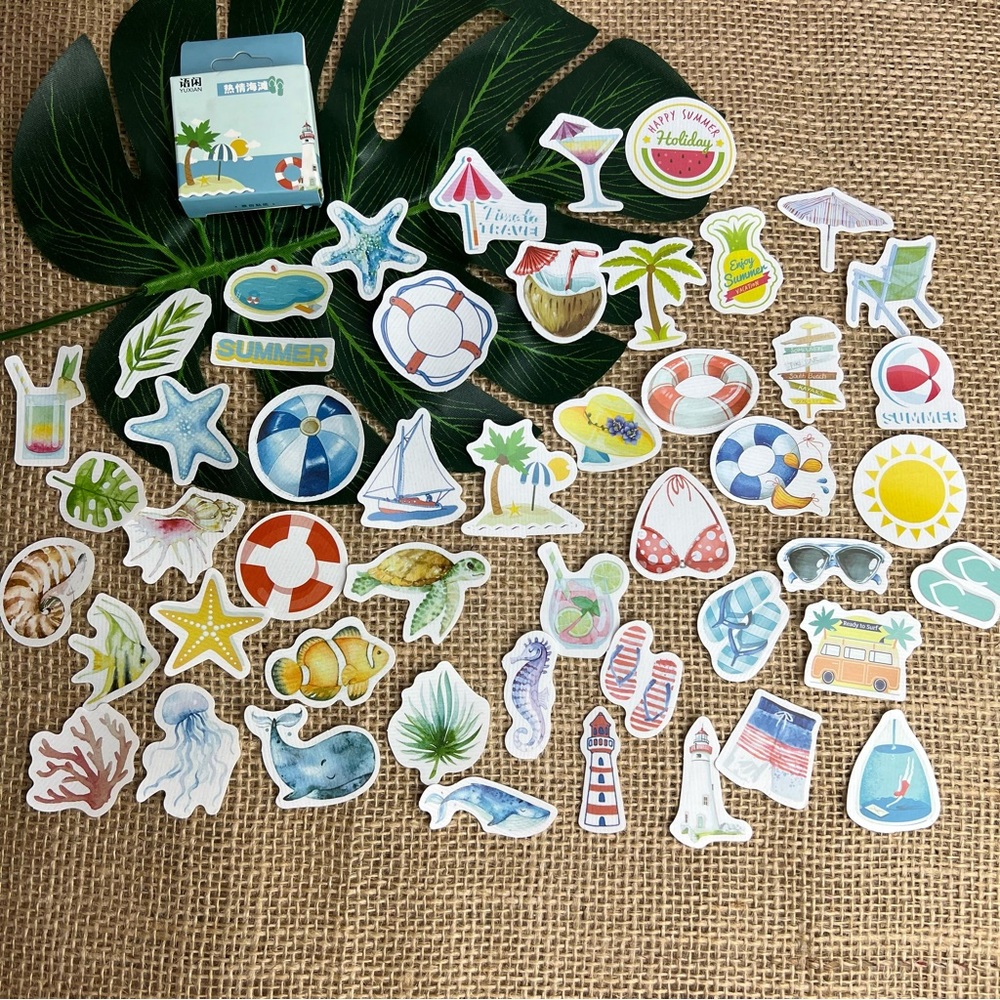 Summer Fun, Beach Flip Flops, Sun Glasses, Palm Trees, Sea Life, 50 Stickers